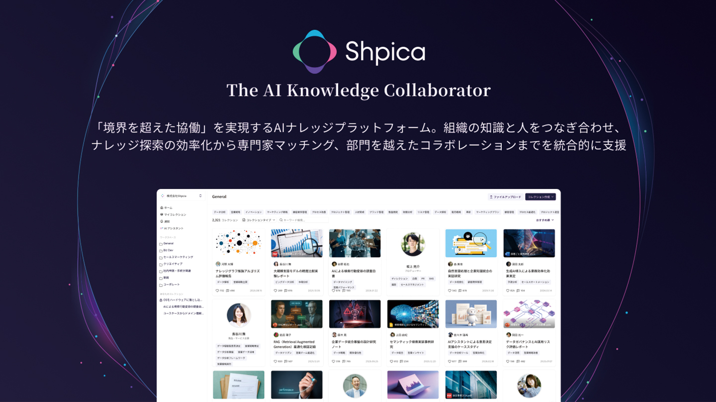 AIナレッジプラットフォーム「Shpica」。AIが組織の「知見」と「人」をつなぎ、従業員の境界を超えた協働を加速。